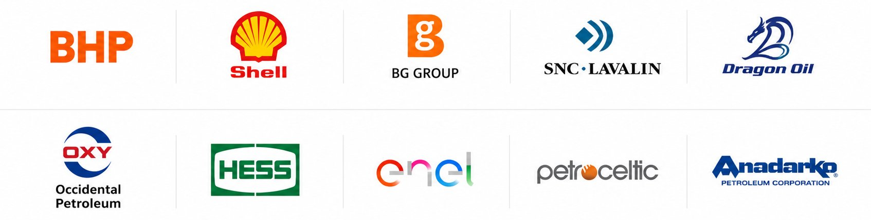 BHP, Shell, BG Group, SNC-Lavalin, Dragon Oil, Occidental Petroleum, Hess, Enel, Petroceltic, Anadarko